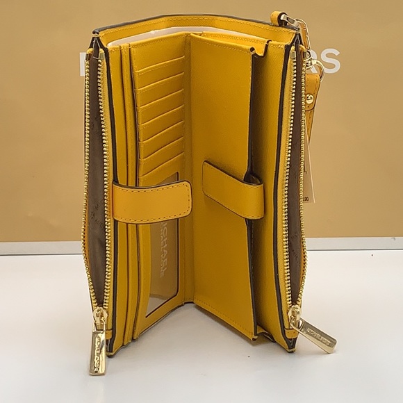 MICHAEL KORS LARGE DOUBLE ZIP WRISTLET WALLET JASMINE YELLOW COLOR - Picture 4 of 13